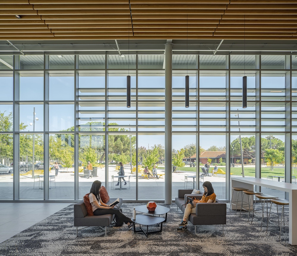 Daylight pours deep into the interior of the Downtown Event Center, but glare is eliminated by deep roof overhangs and sunshade-protected windows.