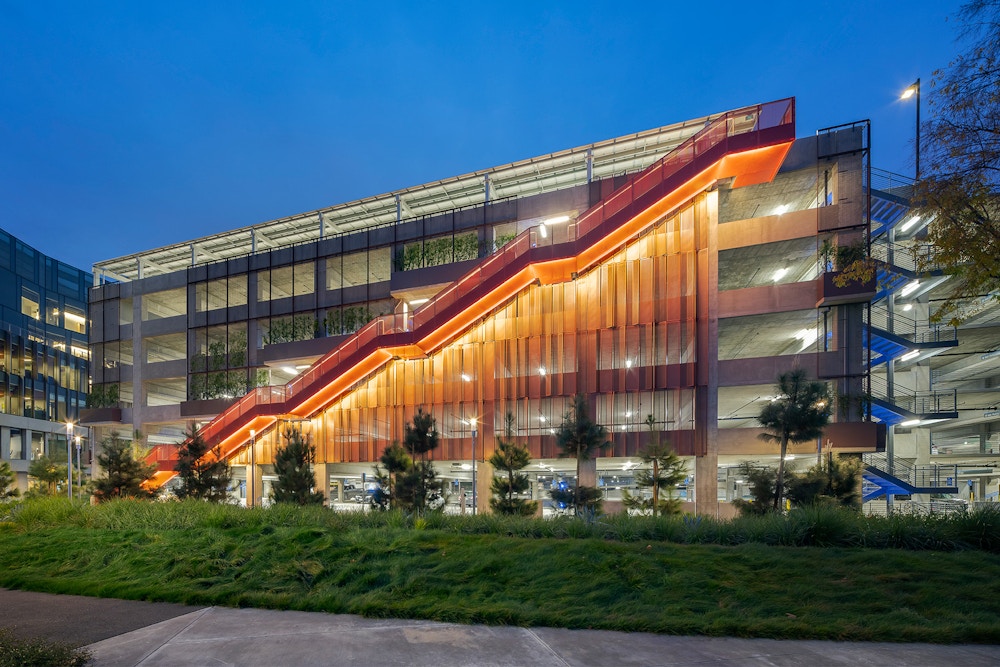Parking 1 at dusk with stair illuminated