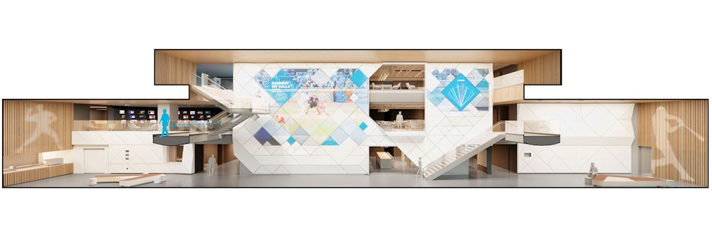 Section cut through The Concourse with triple-height central volume and flanking double-height spaces