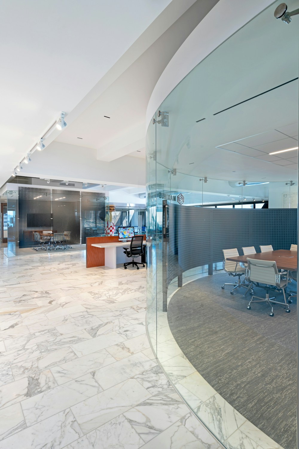 Reception and circular meeting room. 