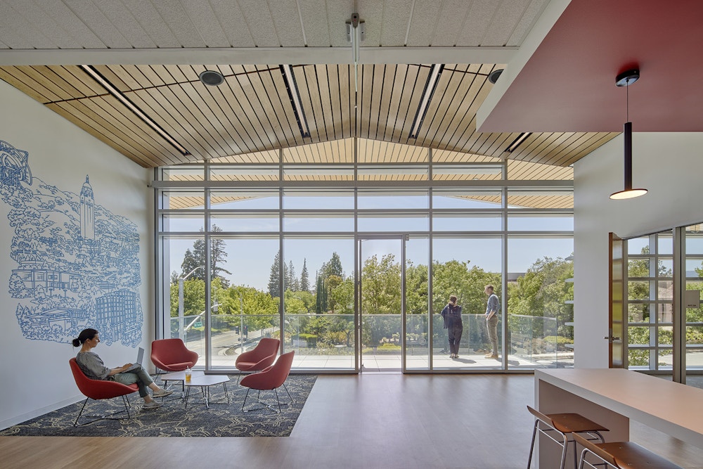Second floor pantry and lounge with “Stanford Research Park” mural by Amos Goldbaum
