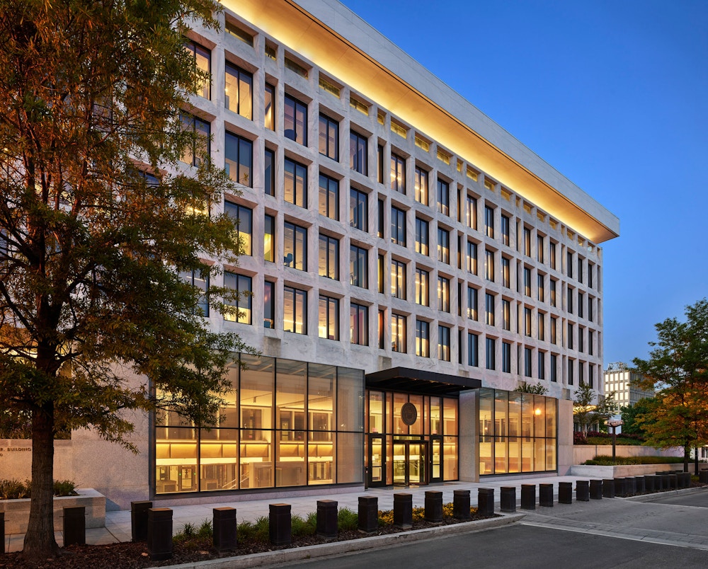 C Street NW entry pavilion at dusk