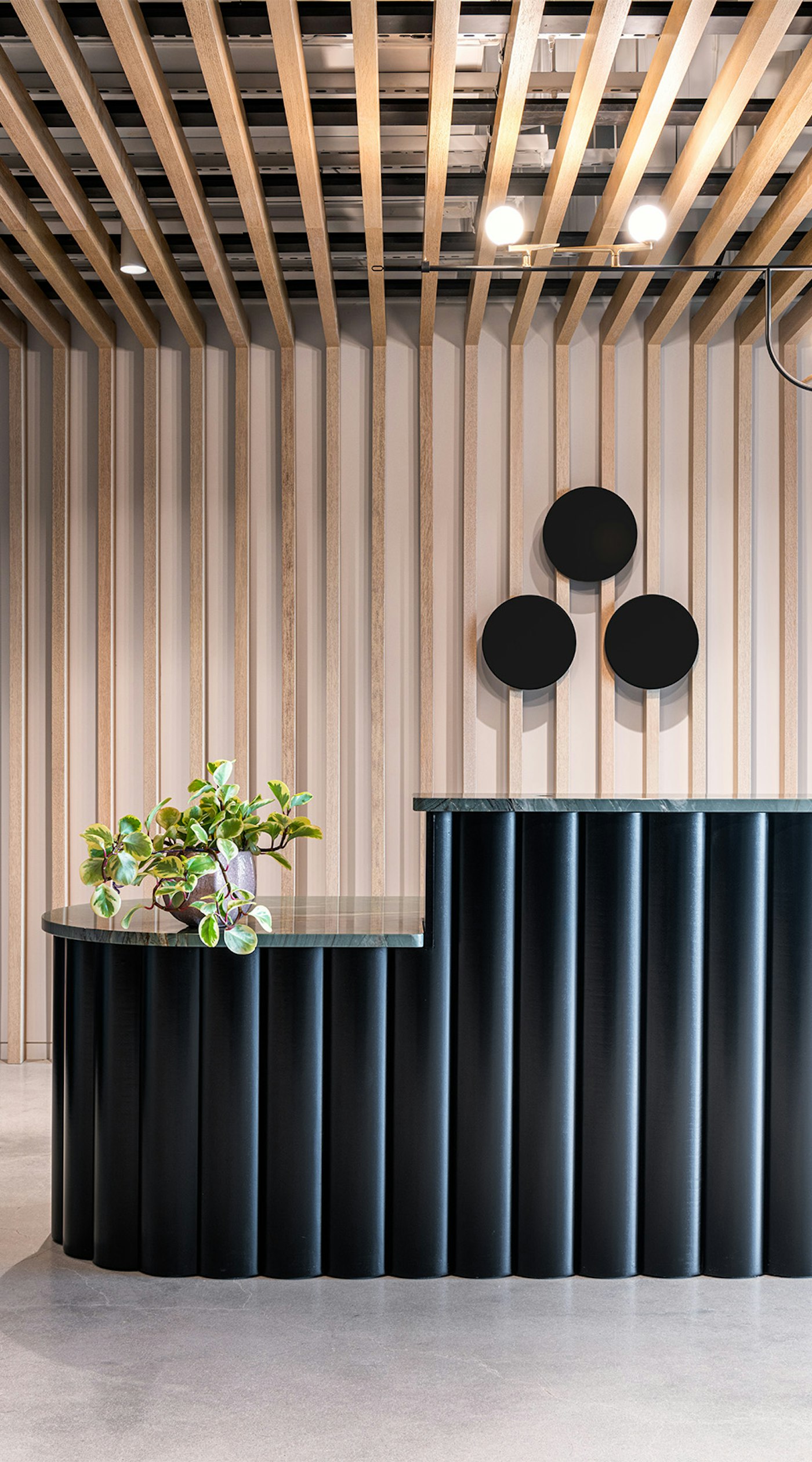 Asana reception desk with stylized logo hung above it.