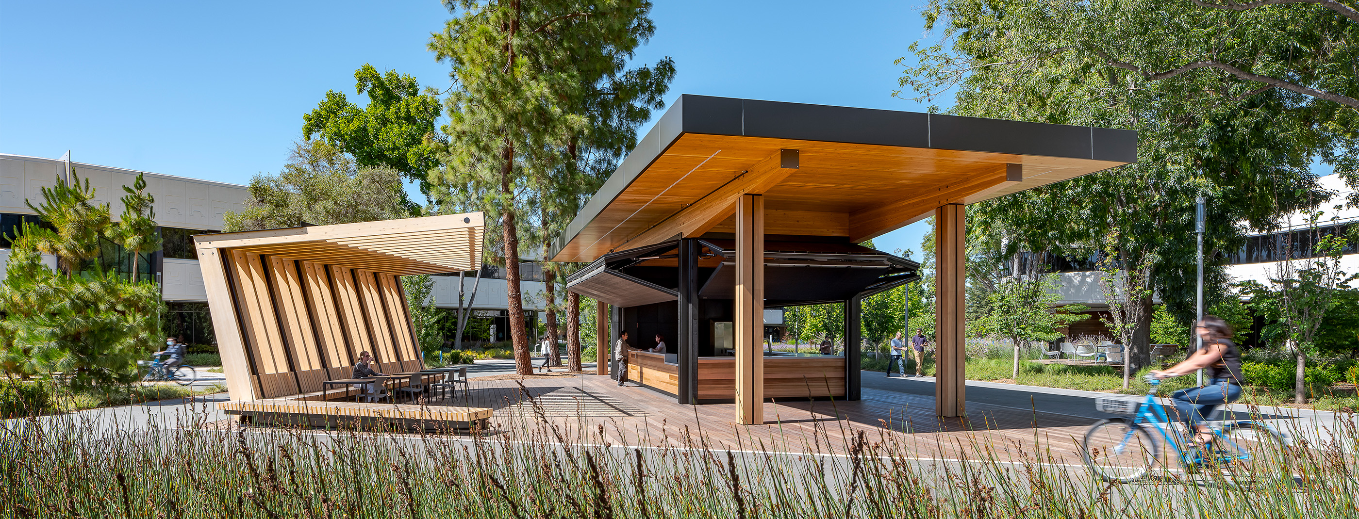 Steel and mass timber pavilion at the center of the LinkedIn Middlefield campus.