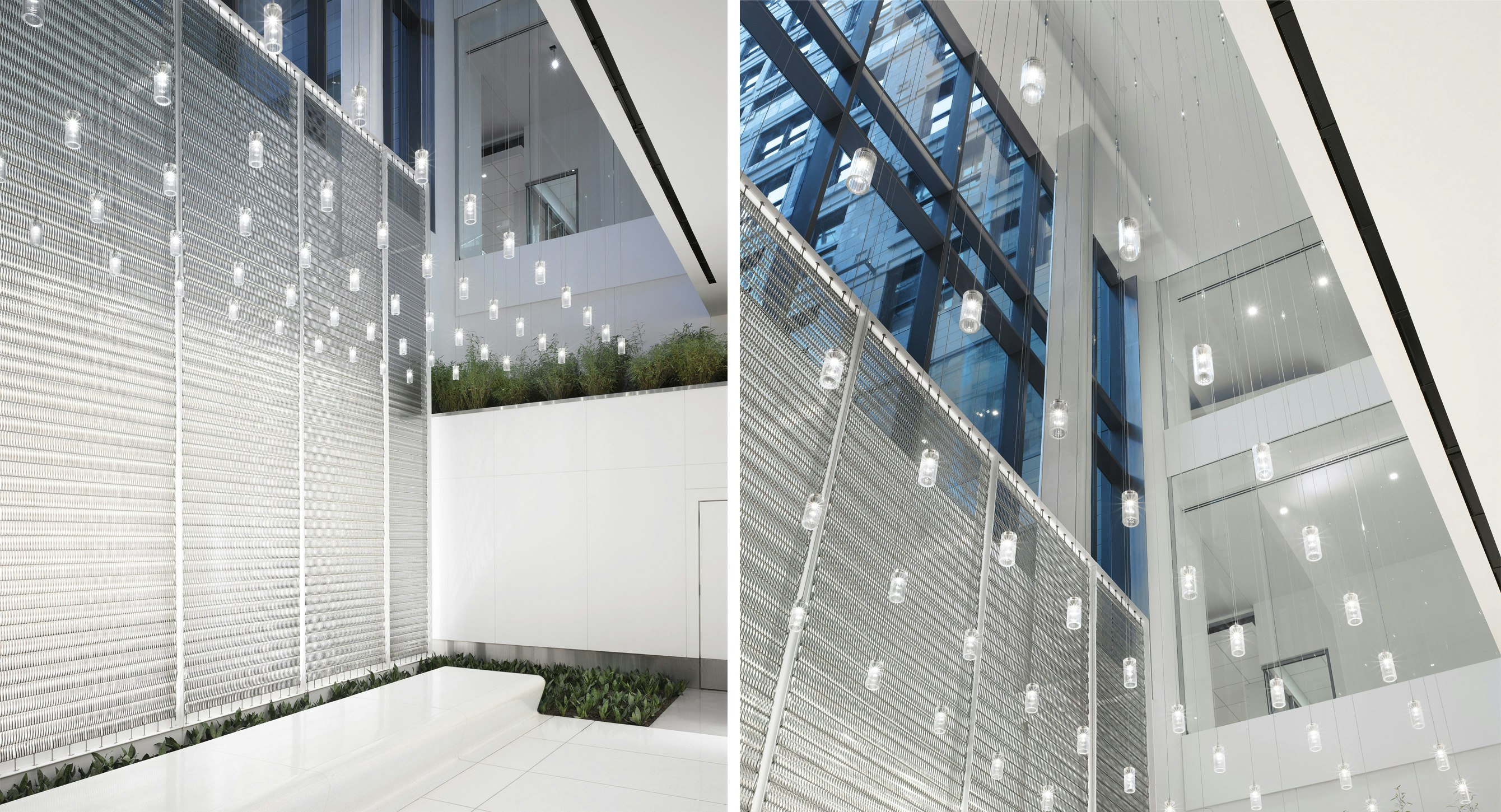 Grid of LED lights and view up into the building's courtyard (Photo by Nikolas Koenig)